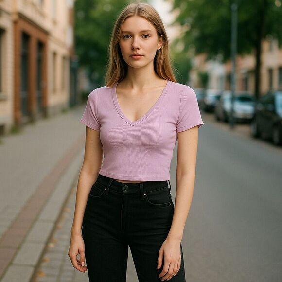 Elodie Women's V-Neck Ribbed T-Shirt Pink Size L Short Sleeve - Picture 2 of 5